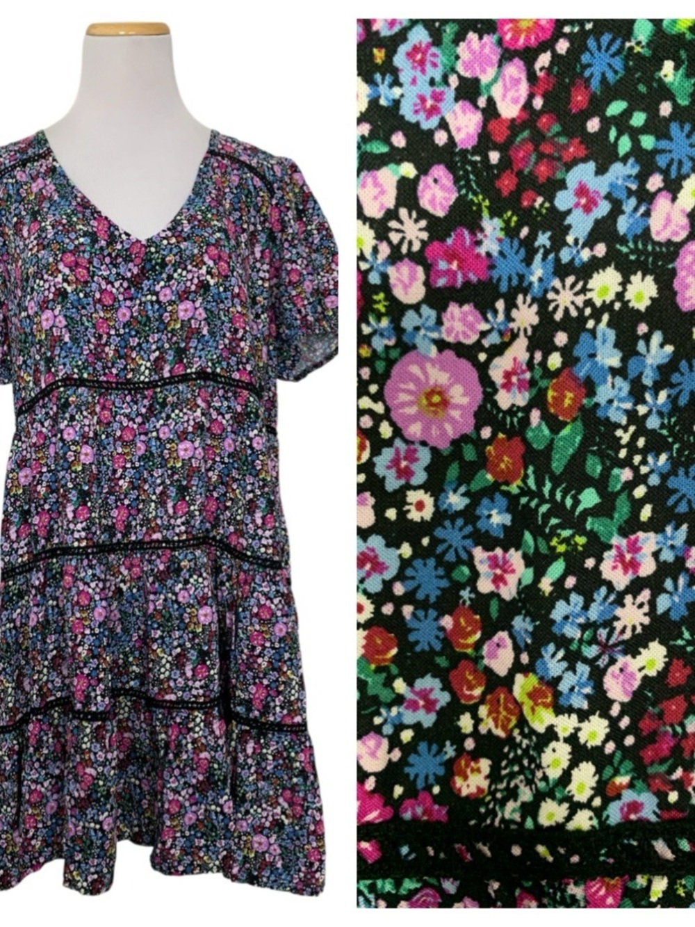 New Wild Fable Dark Floral Tiered Dress Size Large